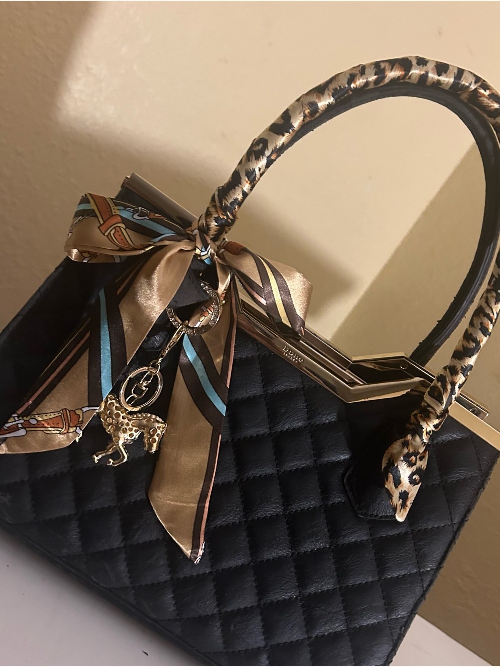 Twilly Stripe Style Women’s Handbag  Scarf Accent. Brown Blue Black